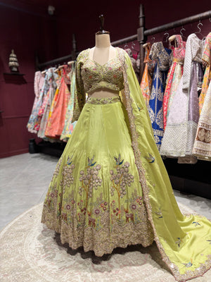 Pistachio Green Embroidered Bridal Lehenga with Floral & Bird Motifs