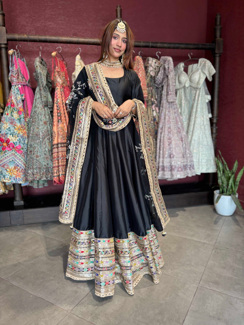 Black Multicolour Embroidered Anarkali Suit with Dupatta