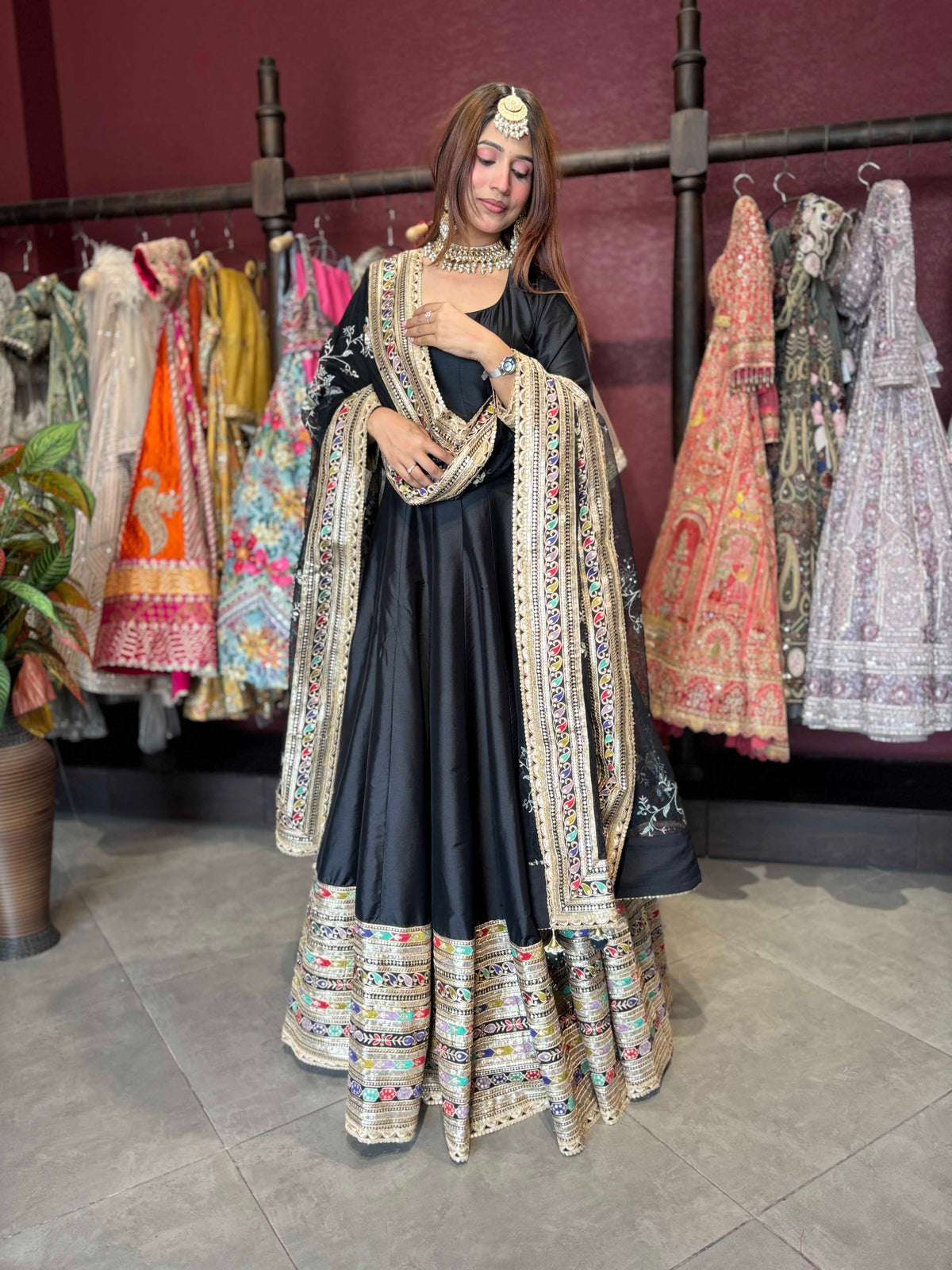Black Multicolour Embroidered Anarkali Suit with Dupatta