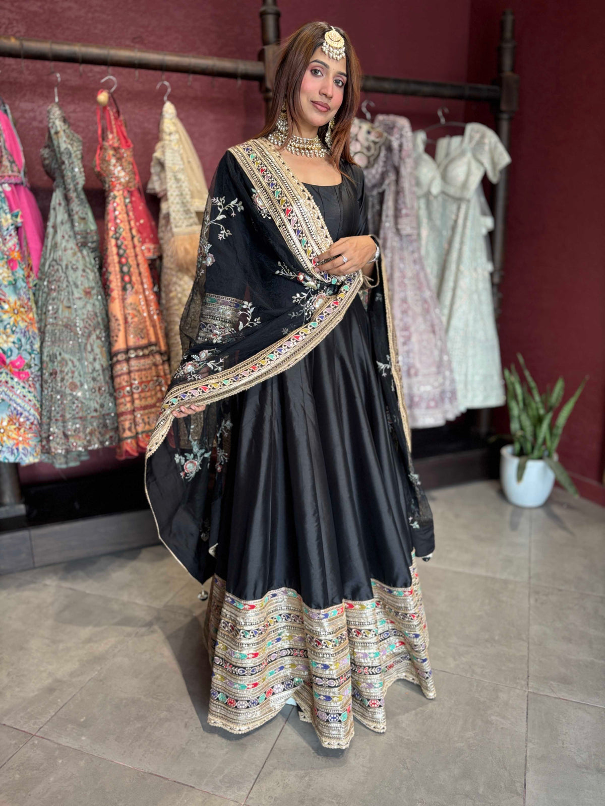 Black Multicolour Embroidered Anarkali Suit with Dupatta