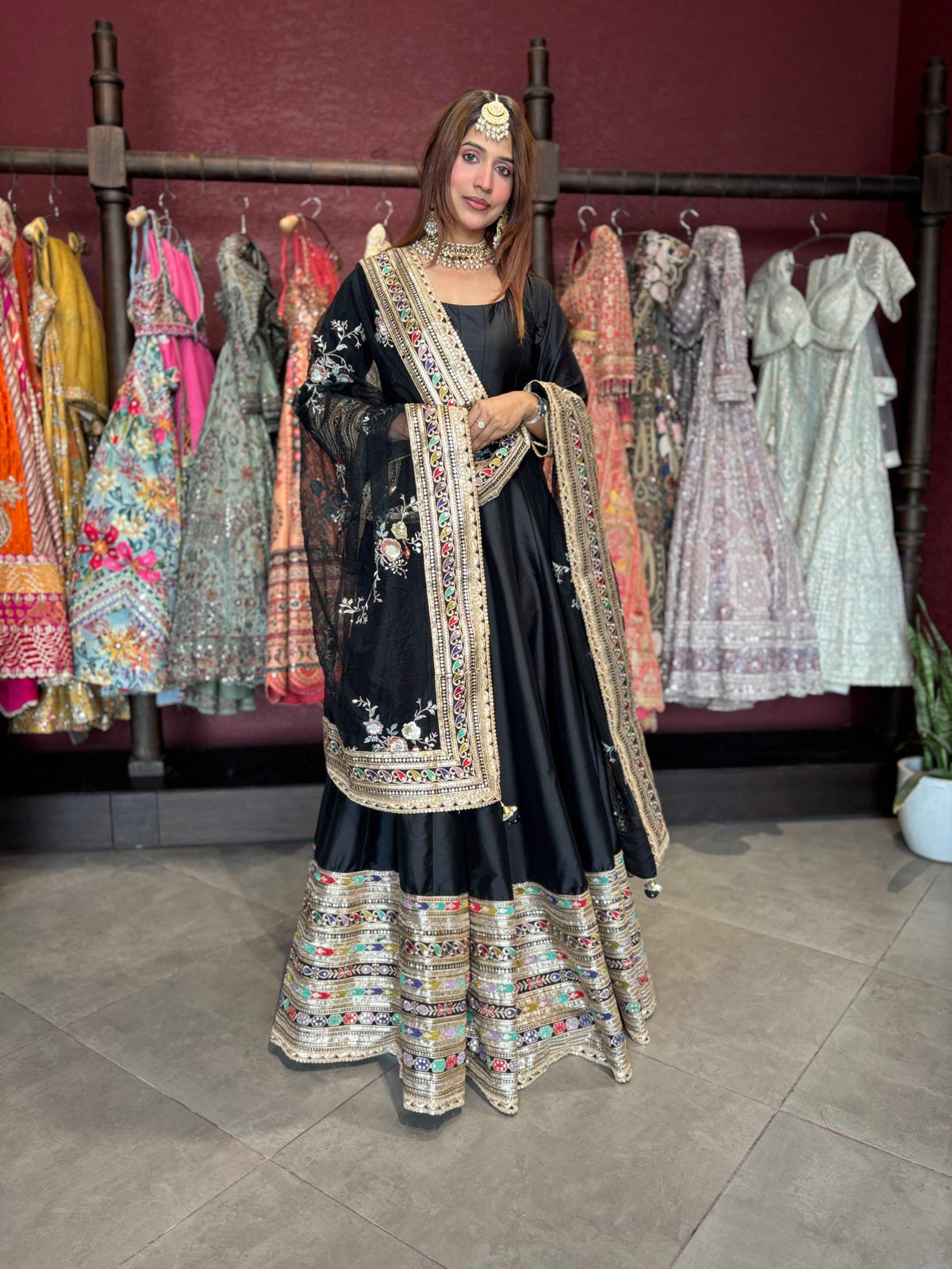 Black Multicolour Embroidered Anarkali Suit with Dupatta