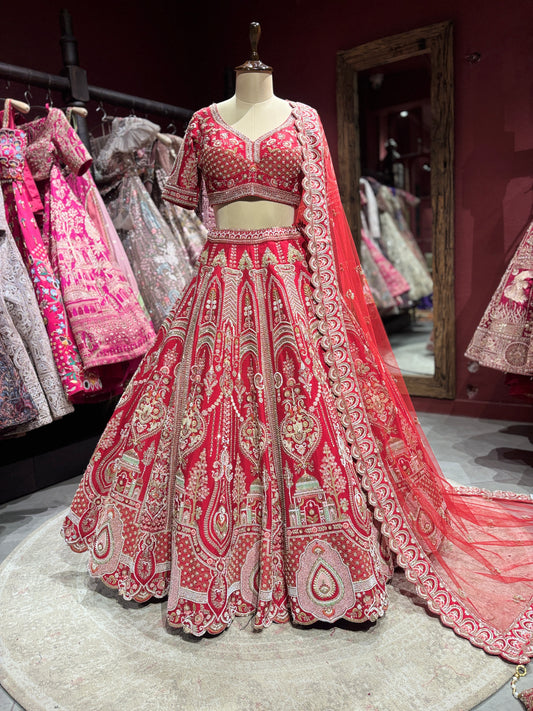 Red Heavy Bridal Lehenga with Designer Blouse & Net Dupatta