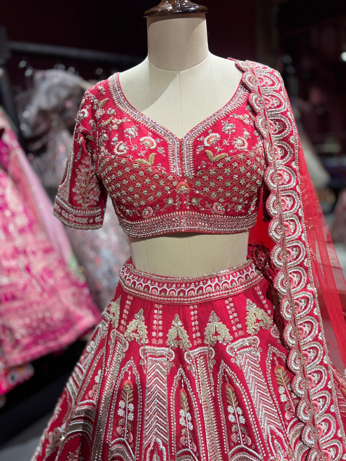 Red Heavy Bridal Lehenga with Designer Blouse & Net Dupatta