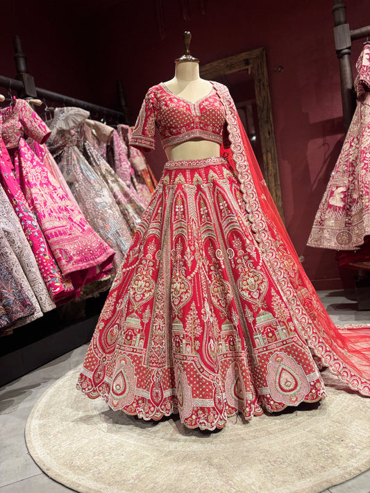 Red Heavy Bridal Lehenga with Designer Blouse & Net Dupatta