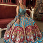 Turquoise Blue Floral Lehenga with Mirror Work Blouse