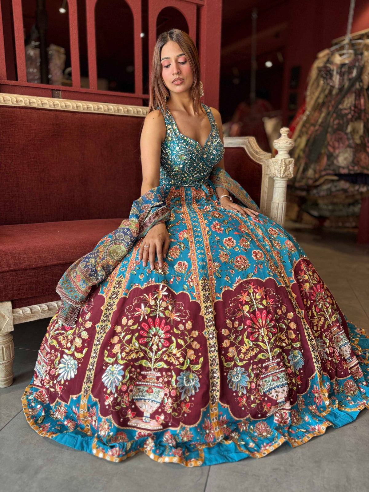 Turquoise Blue Floral Lehenga with Mirror Work Blouse