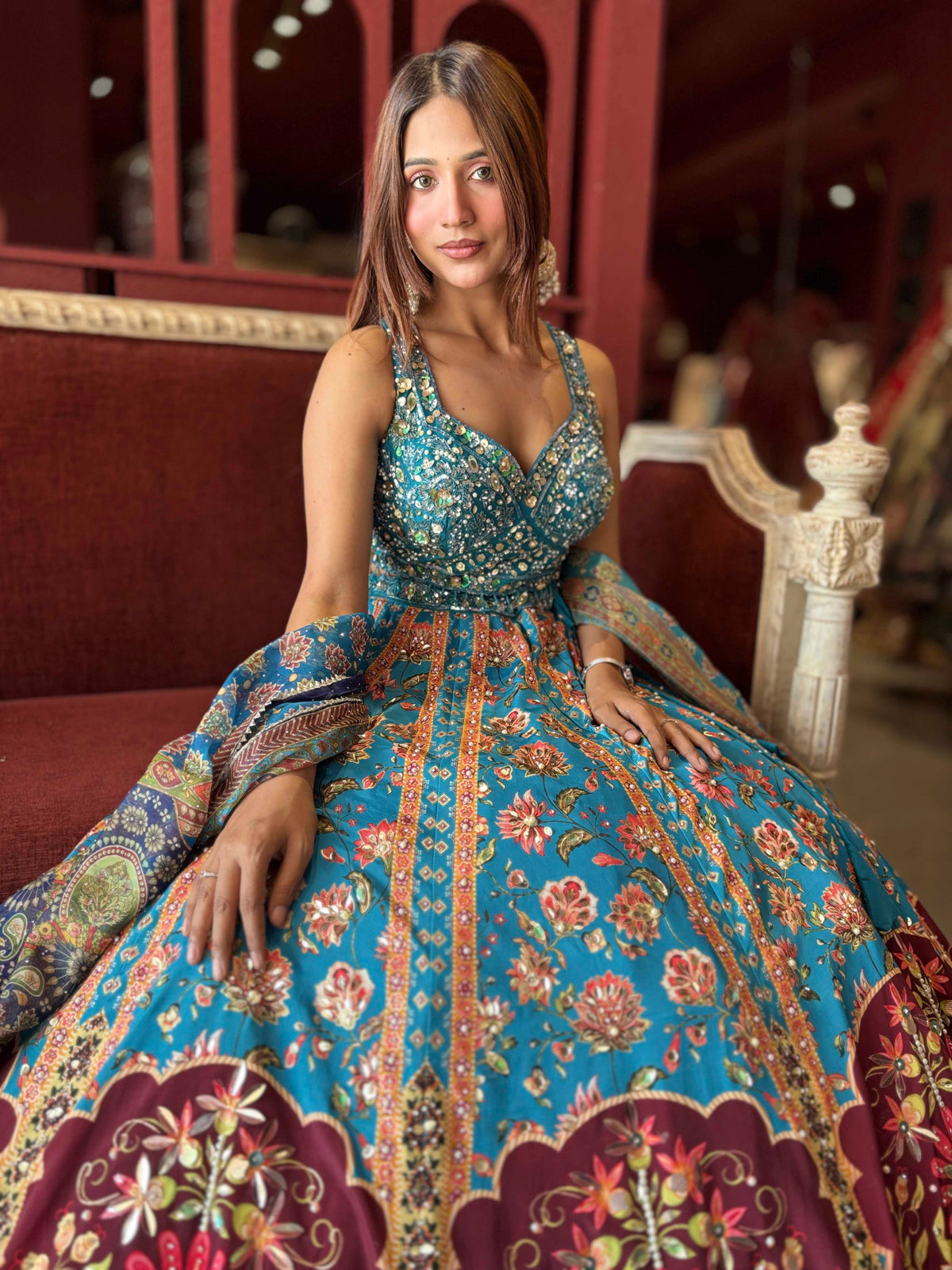 Turquoise Blue Floral Lehenga with Mirror Work Blouse