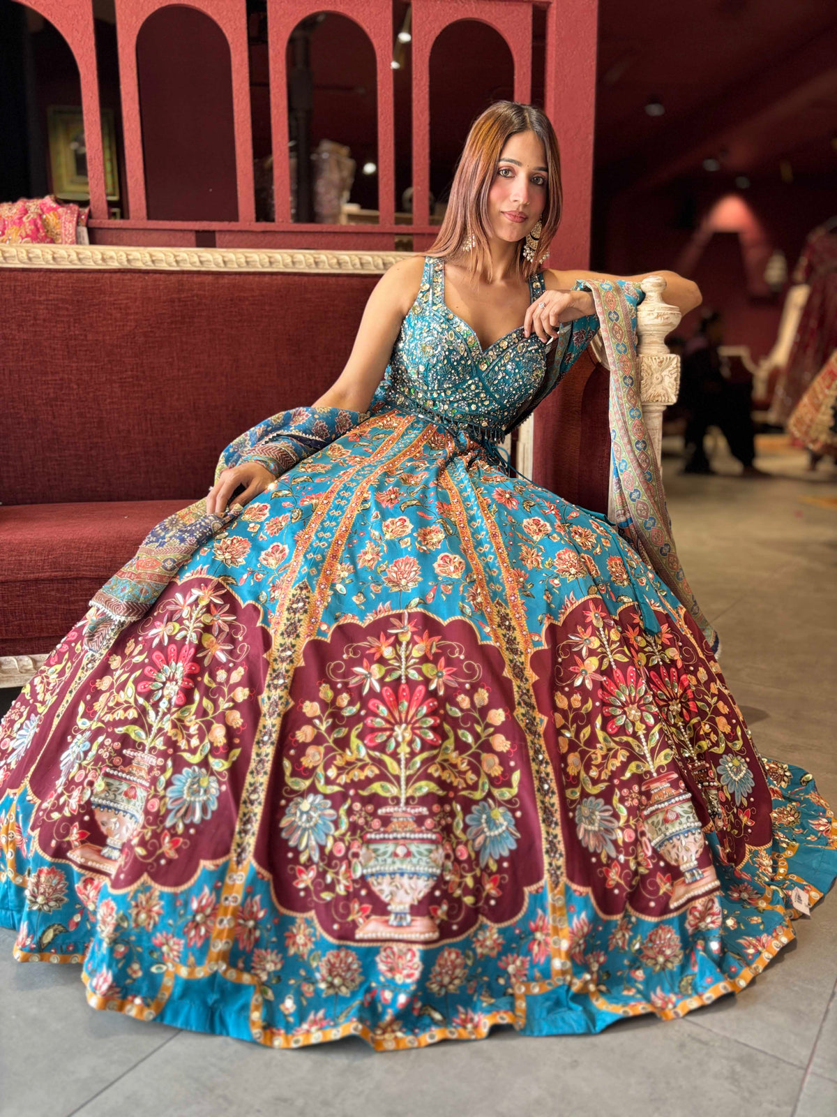 Turquoise Blue Floral Lehenga with Mirror Work Blouse