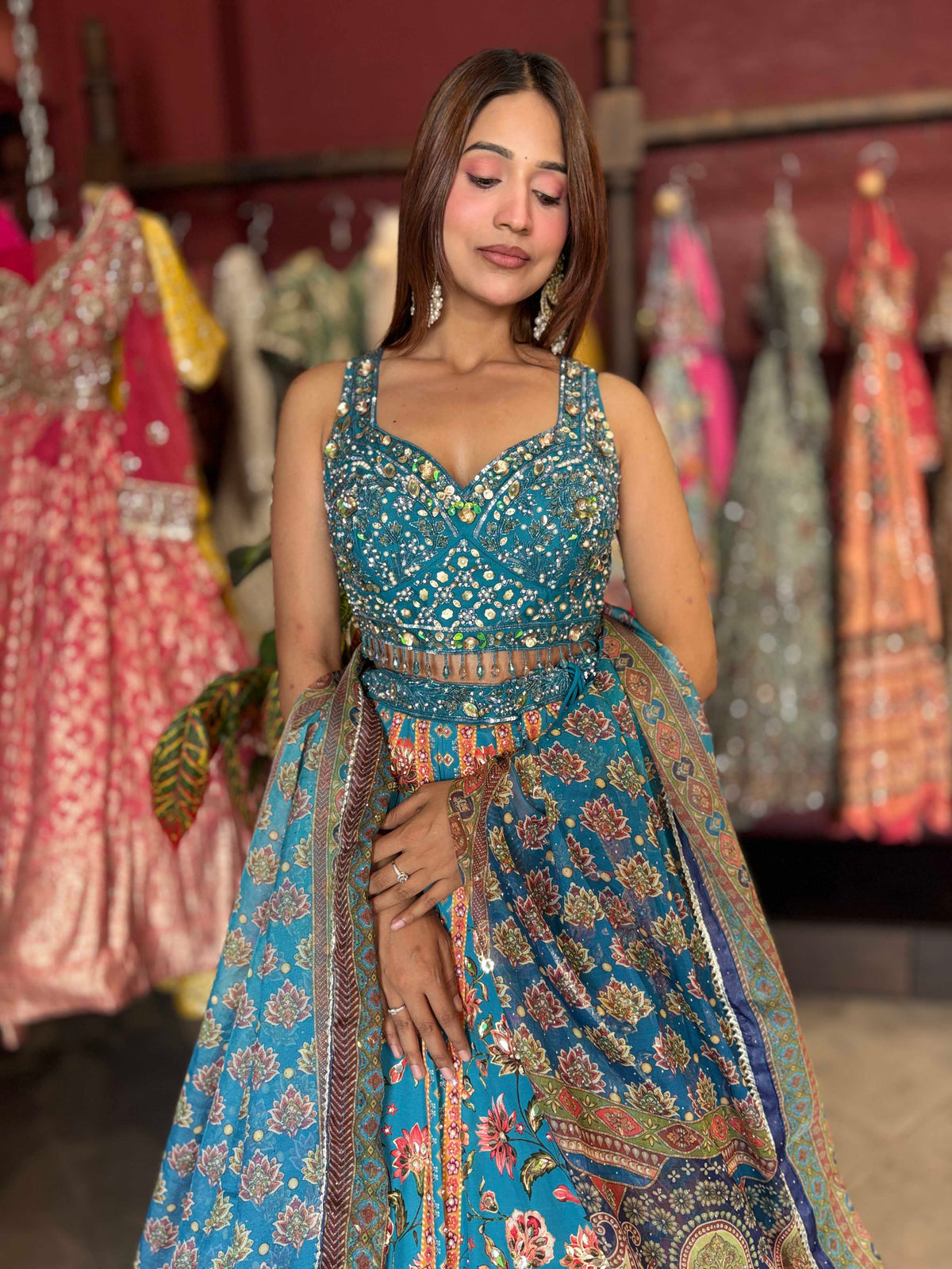 Turquoise Blue Floral Lehenga with Mirror Work Blouse
