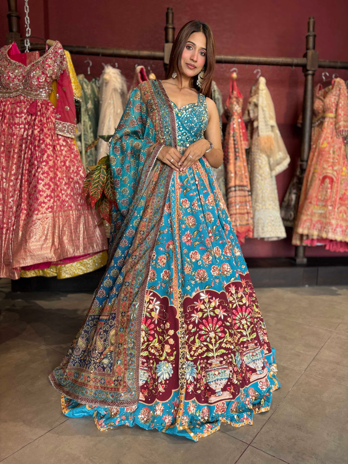 Turquoise Blue Floral Lehenga with Mirror Work Blouse