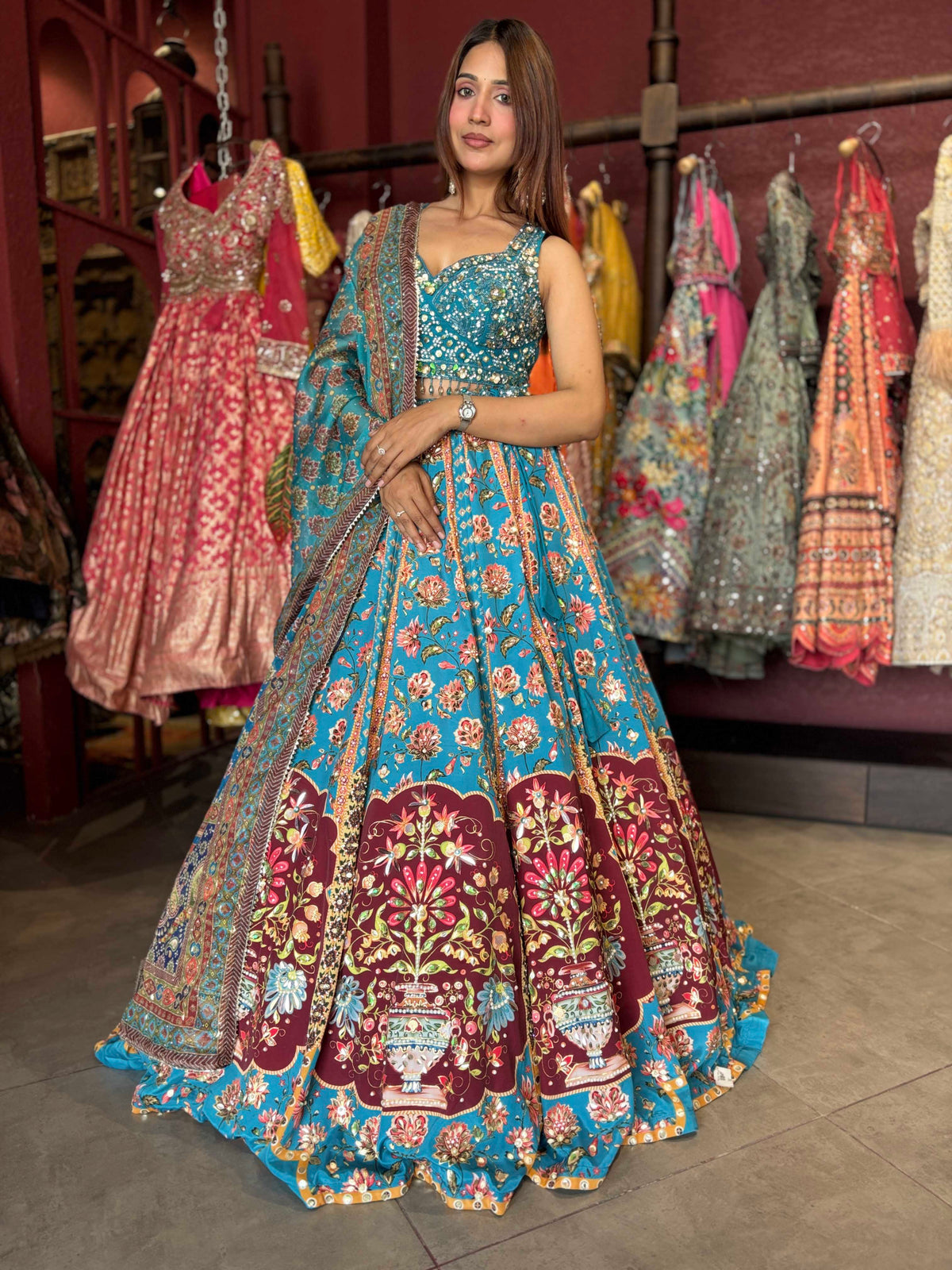 Turquoise Blue Floral Lehenga with Mirror Work Blouse