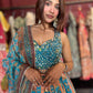 Turquoise Blue Floral Lehenga with Mirror Work Blouse