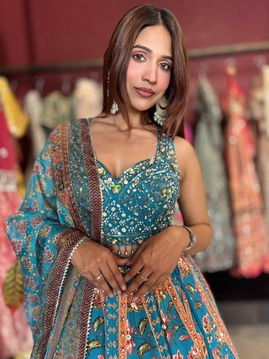 Turquoise Blue Floral Lehenga with Mirror Work Blouse