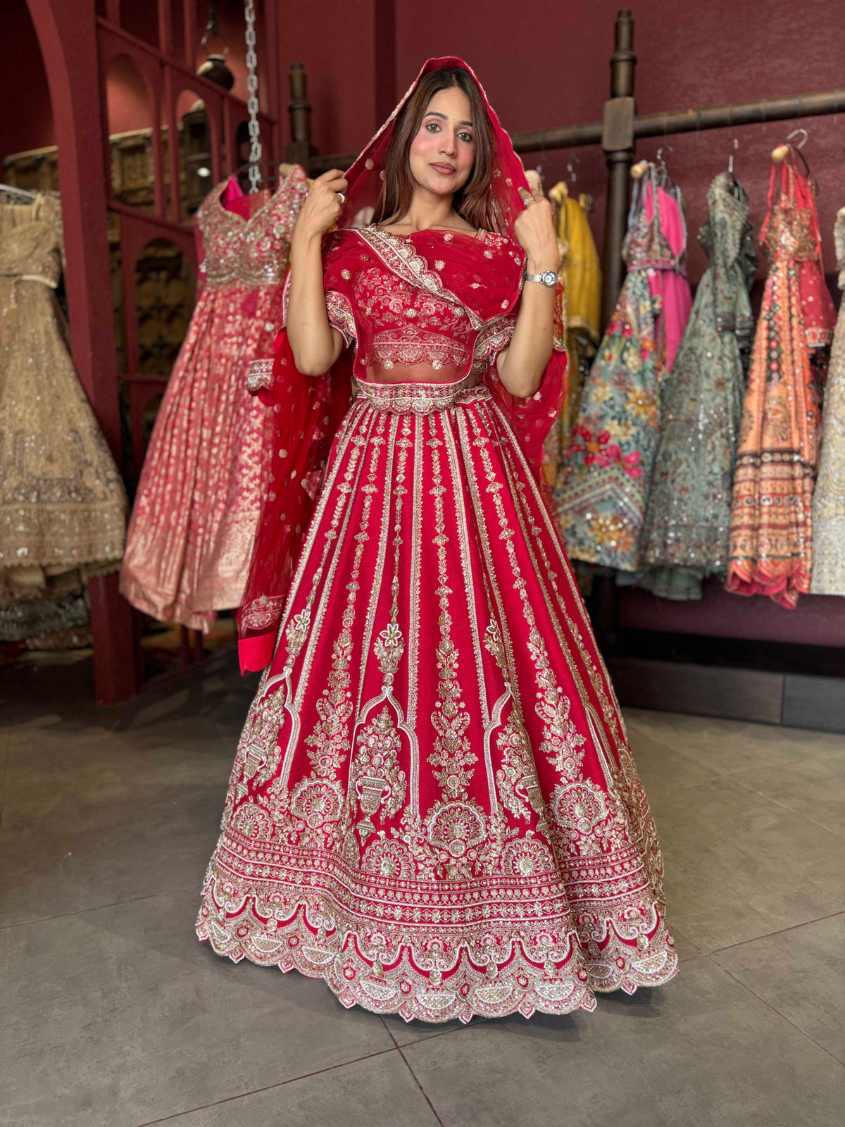 Deep Red Bridal Lehenga with Heavy Gold Embroidery & Dupatta