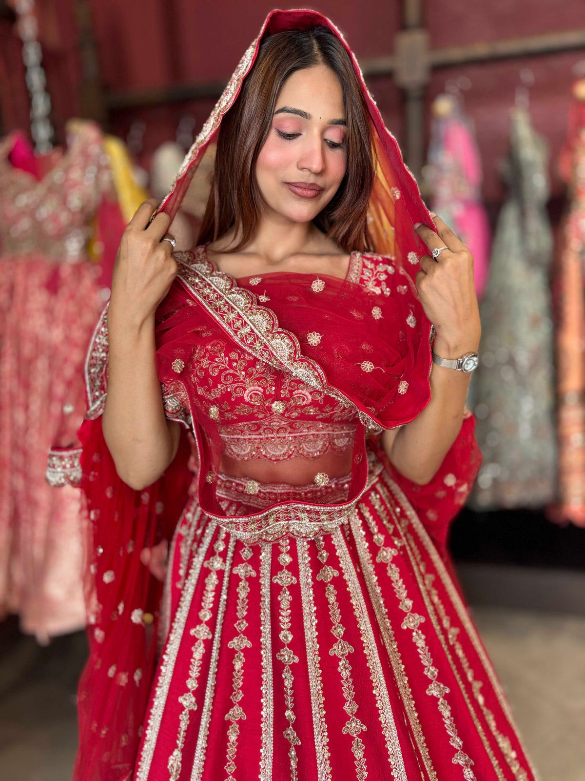 Deep Red Bridal Lehenga with Heavy Gold Embroidery & Dupatta