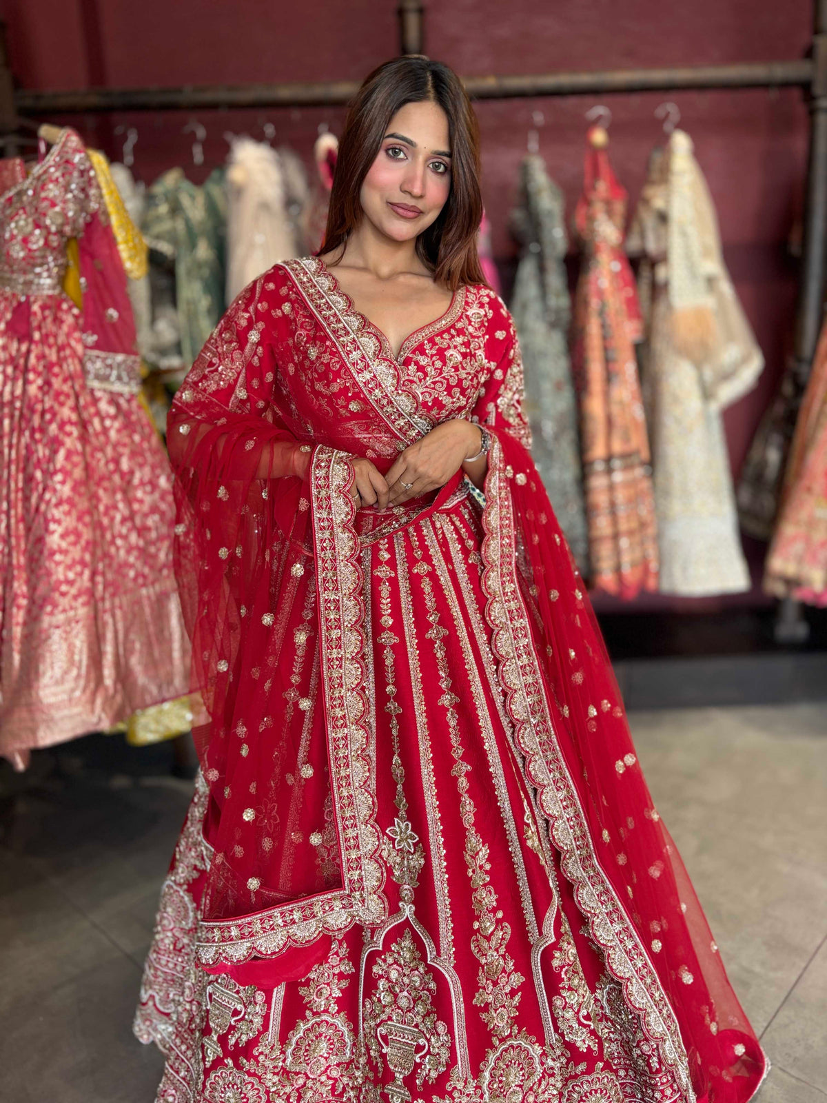 Deep Red Bridal Lehenga with Heavy Gold Embroidery & Dupatta