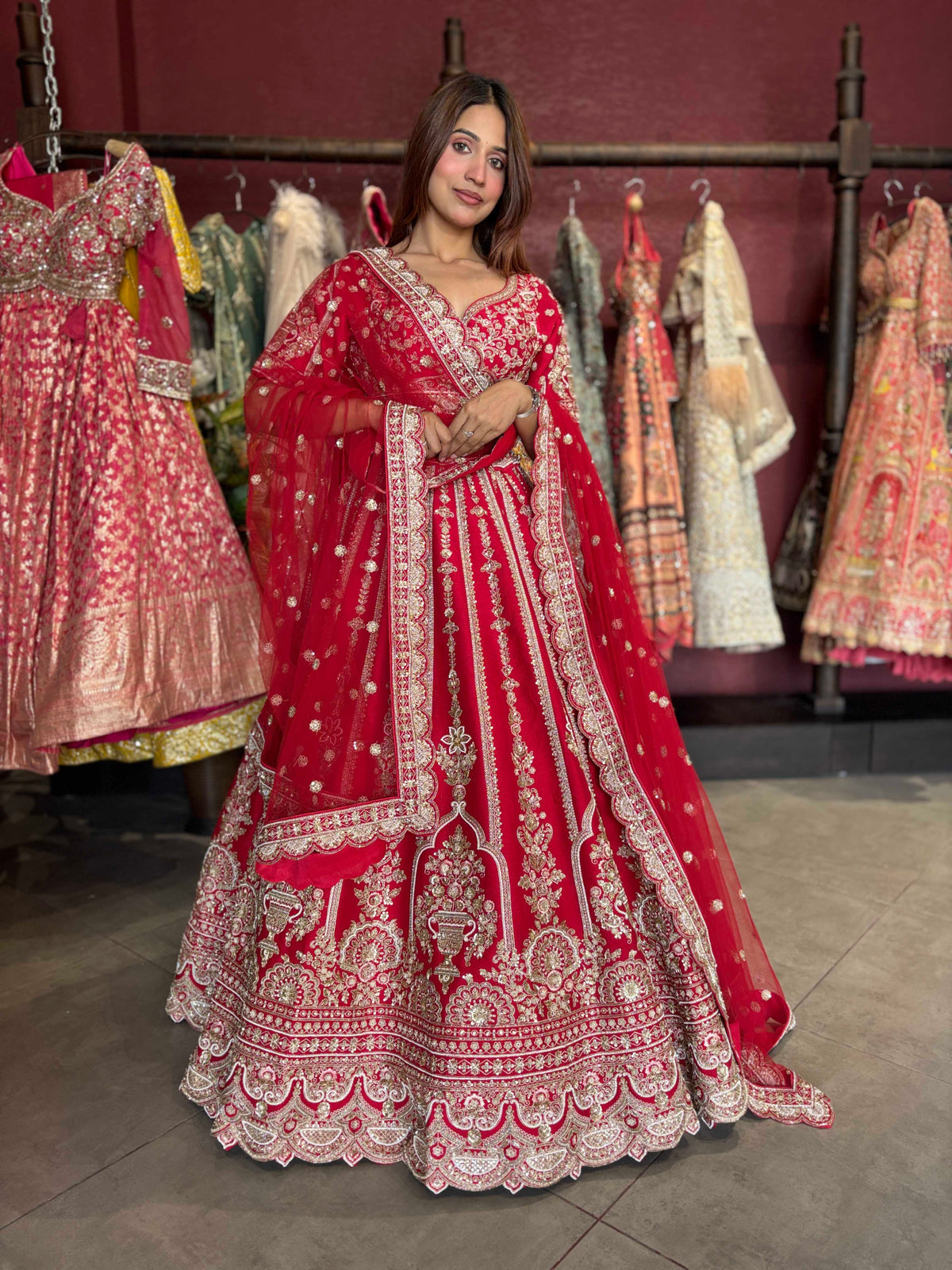 Deep Red Bridal Lehenga with Heavy Gold Embroidery & Dupatta