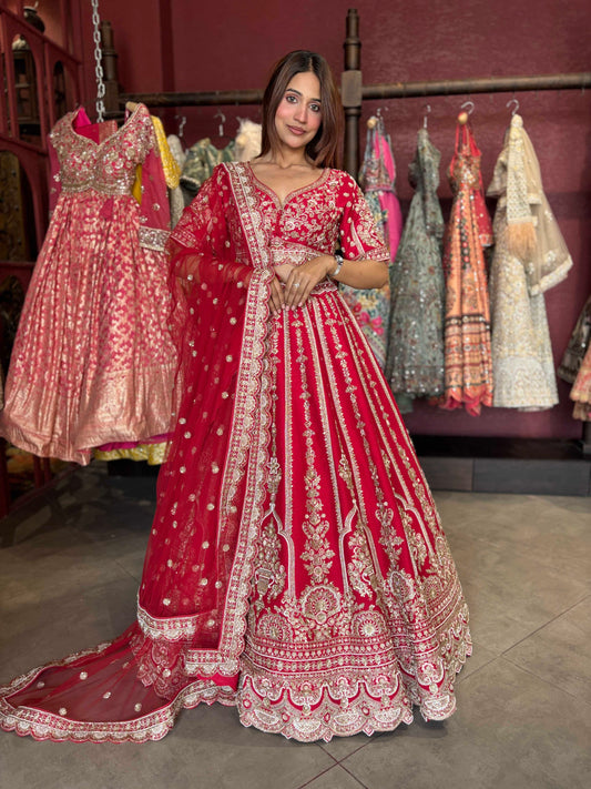 Deep Red Bridal Lehenga with Heavy Gold Embroidery & Dupatta
