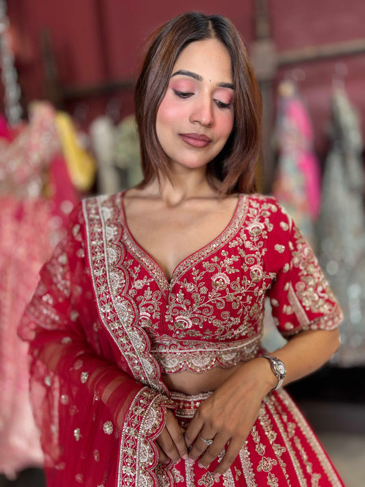 Deep Red Bridal Lehenga with Heavy Gold Embroidery & Dupatta