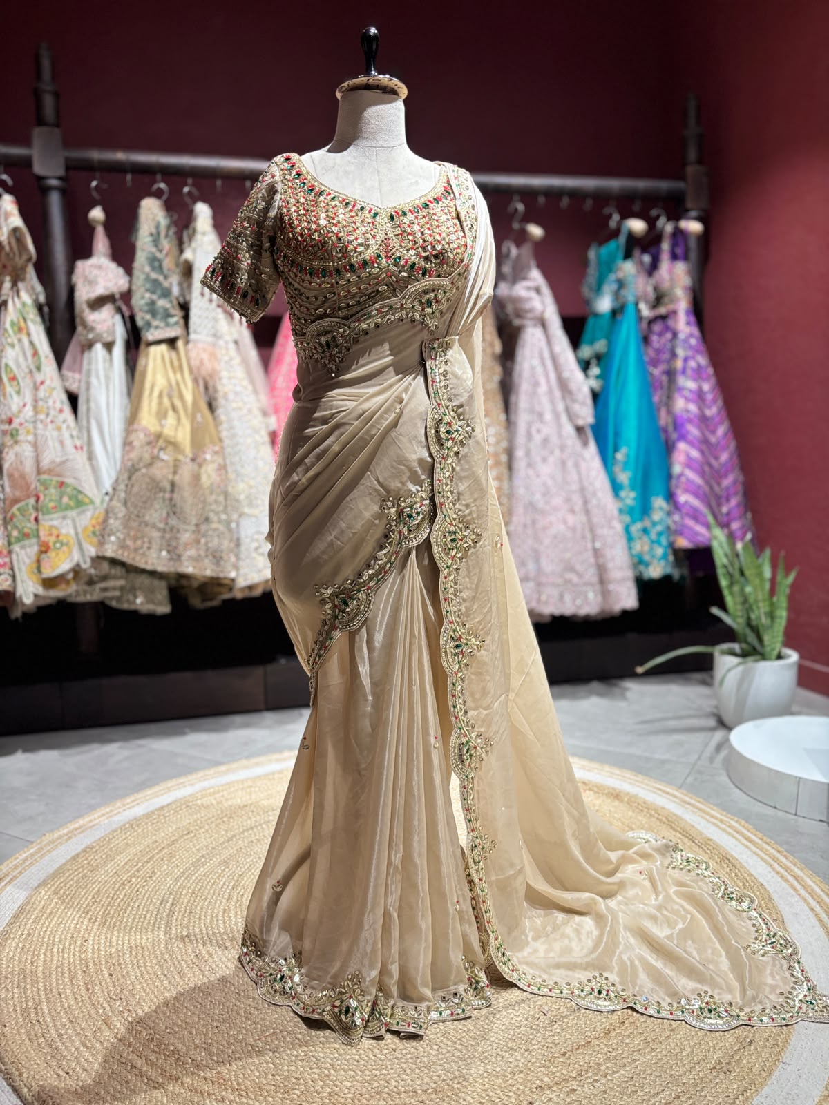 Champagne Beige Designer Saree with Heavy Embroidered Blouse