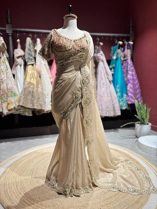 Champagne Beige Designer Saree with Heavy Embroidered Blouse