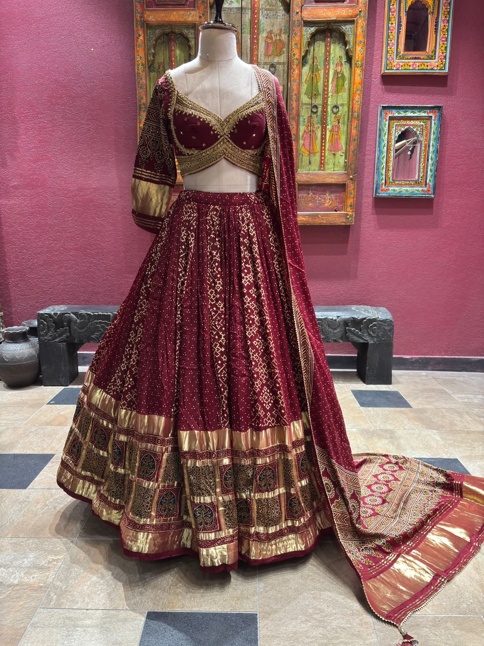 Wine Maroon Designer Lehenga Choli with Gold Work & Dupatta
