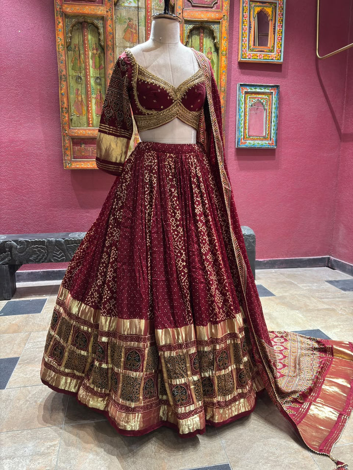 Wine Maroon Designer Lehenga Choli with Gold Work & Dupatta