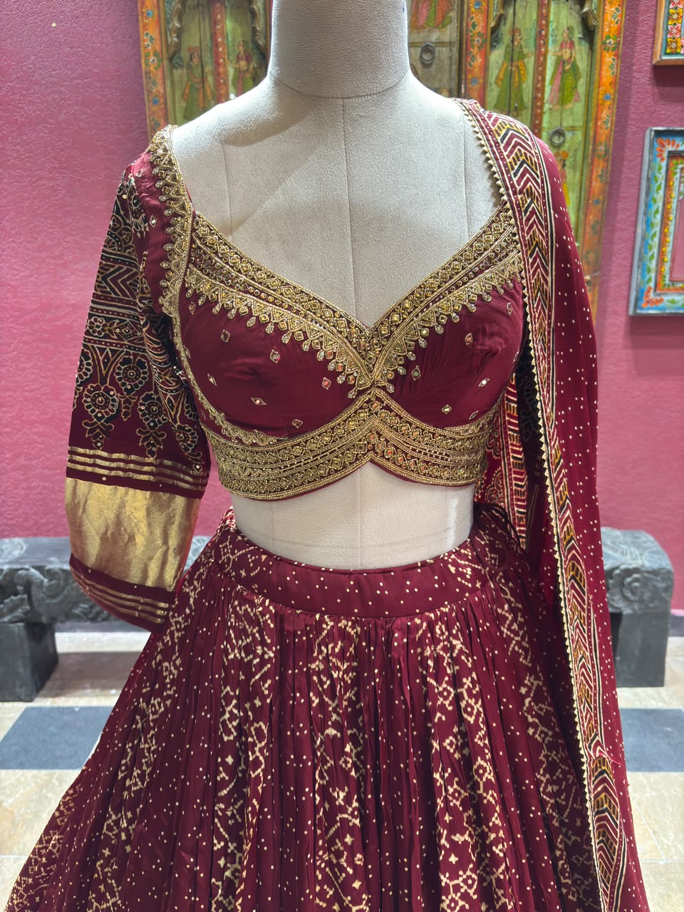 Wine Maroon Designer Lehenga Choli with Gold Work & Dupatta