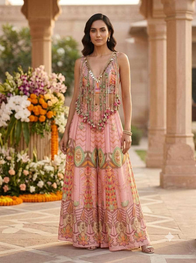 Baby Pink Floral Printed Designer Jumpsuit with Tassel Embellishments for Women