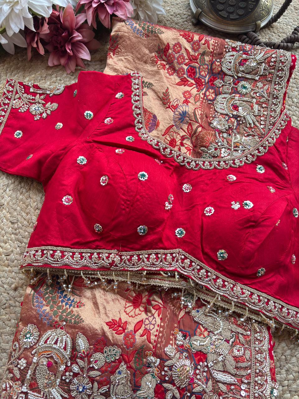 Designer Red Saree with Heavy Embroidered Peacock Border