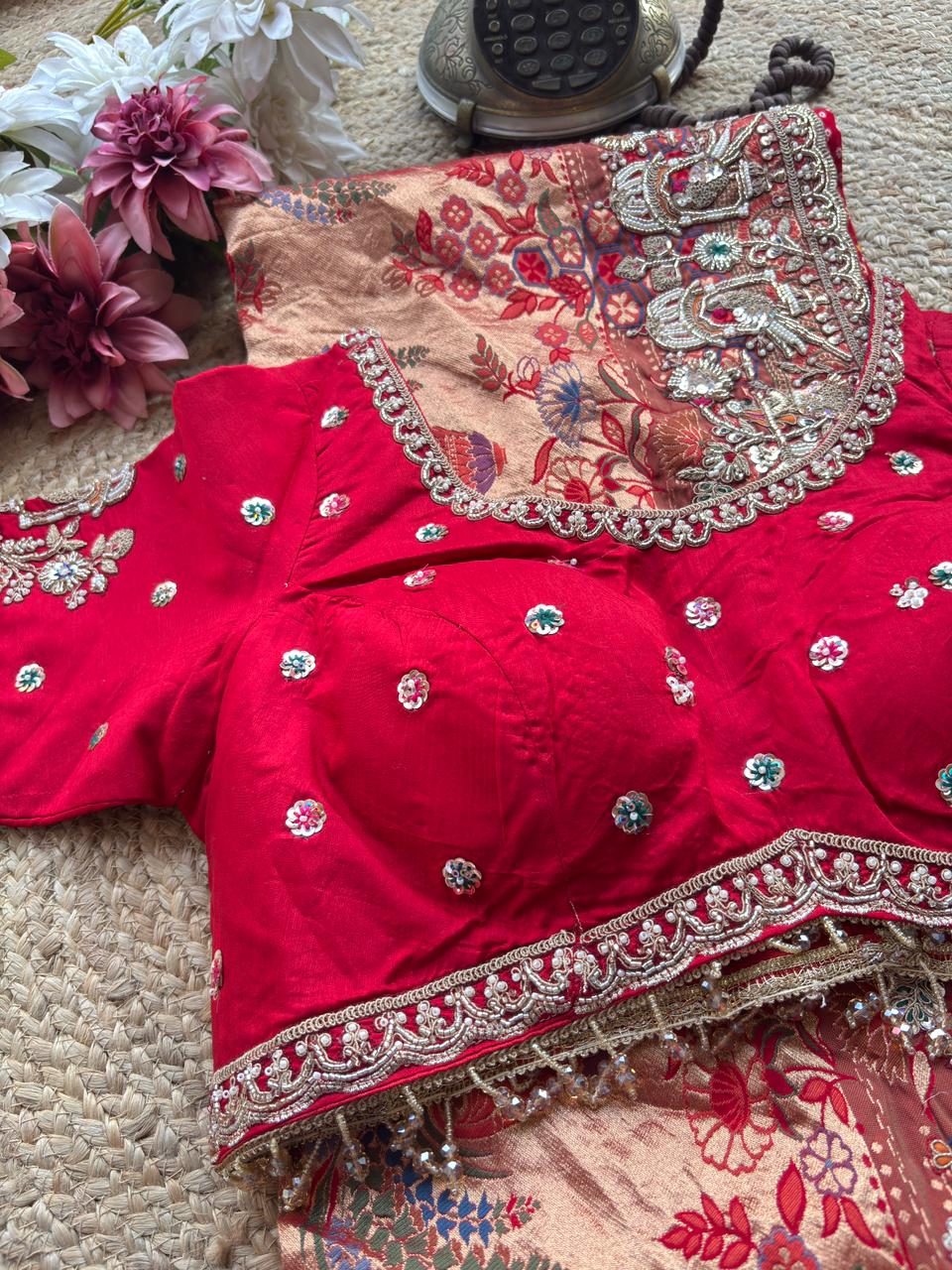 Designer Red Saree with Heavy Embroidered Peacock Border