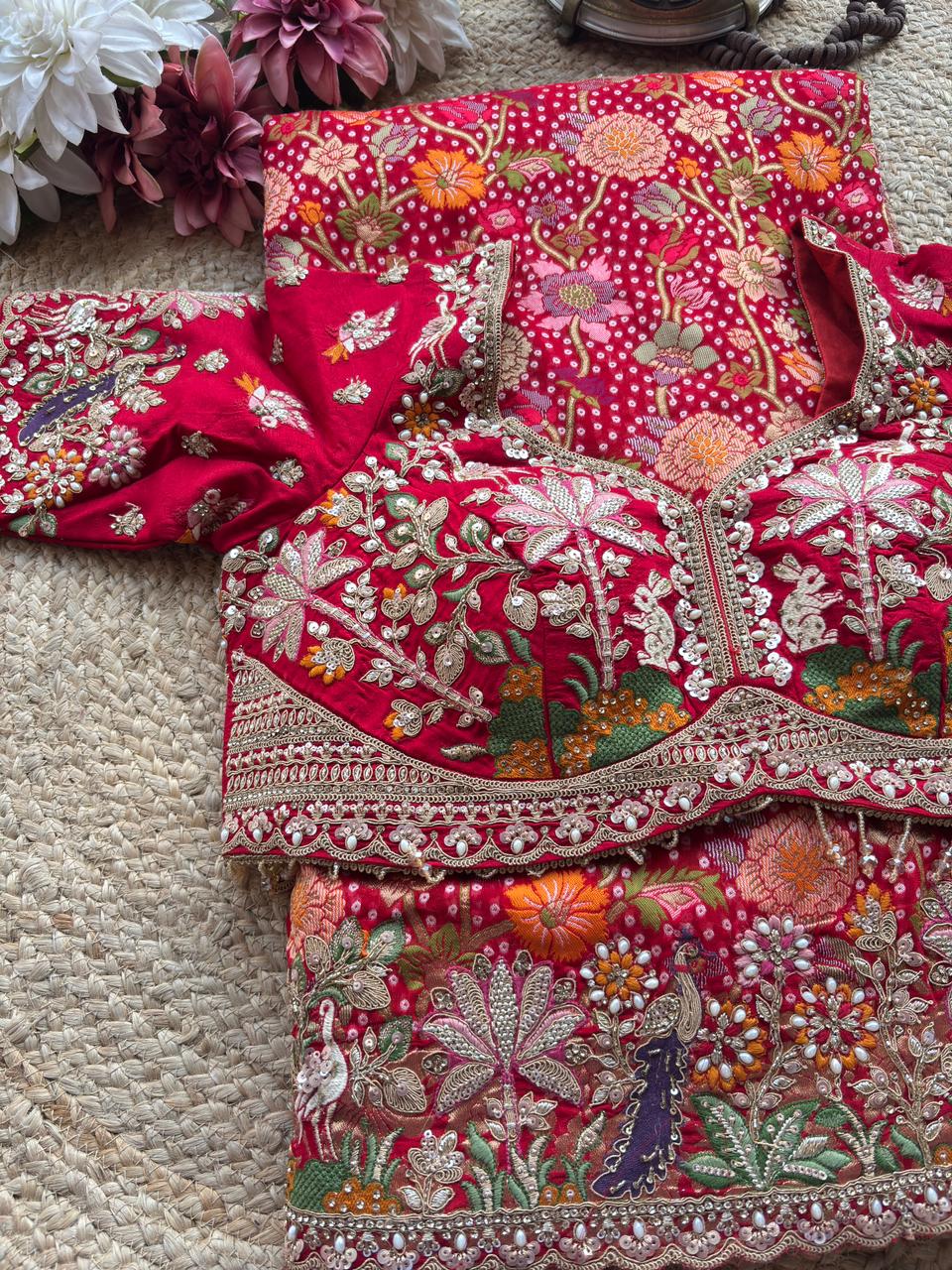 Saree with Heavy Multicolour Zardozi Floral & Fauna Embroidery | Pearl & Sequin Border