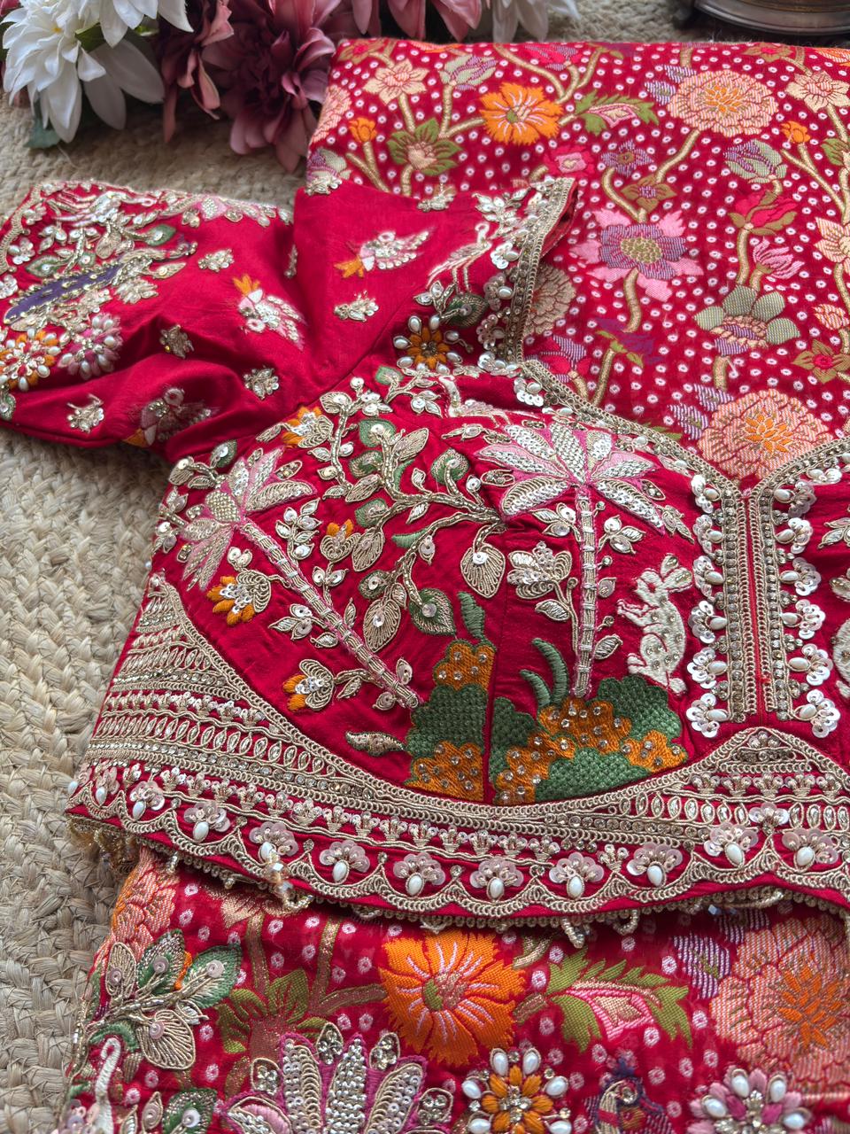 Saree with Heavy Multicolour Zardozi Floral & Fauna Embroidery | Pearl & Sequin Border