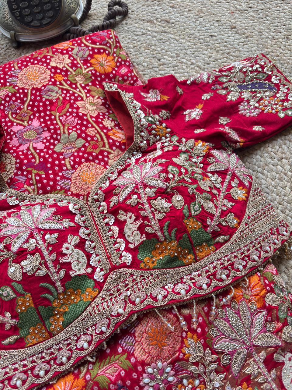 Saree with Heavy Multicolour Zardozi Floral & Fauna Embroidery | Pearl & Sequin Border