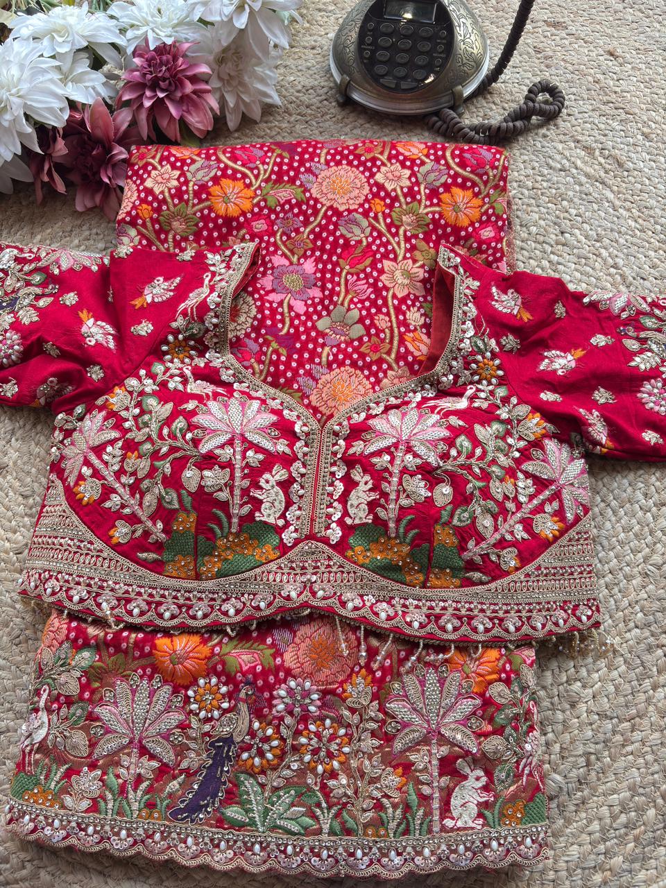 Saree with Heavy Multicolour Zardozi Floral & Fauna Embroidery | Pearl & Sequin Border