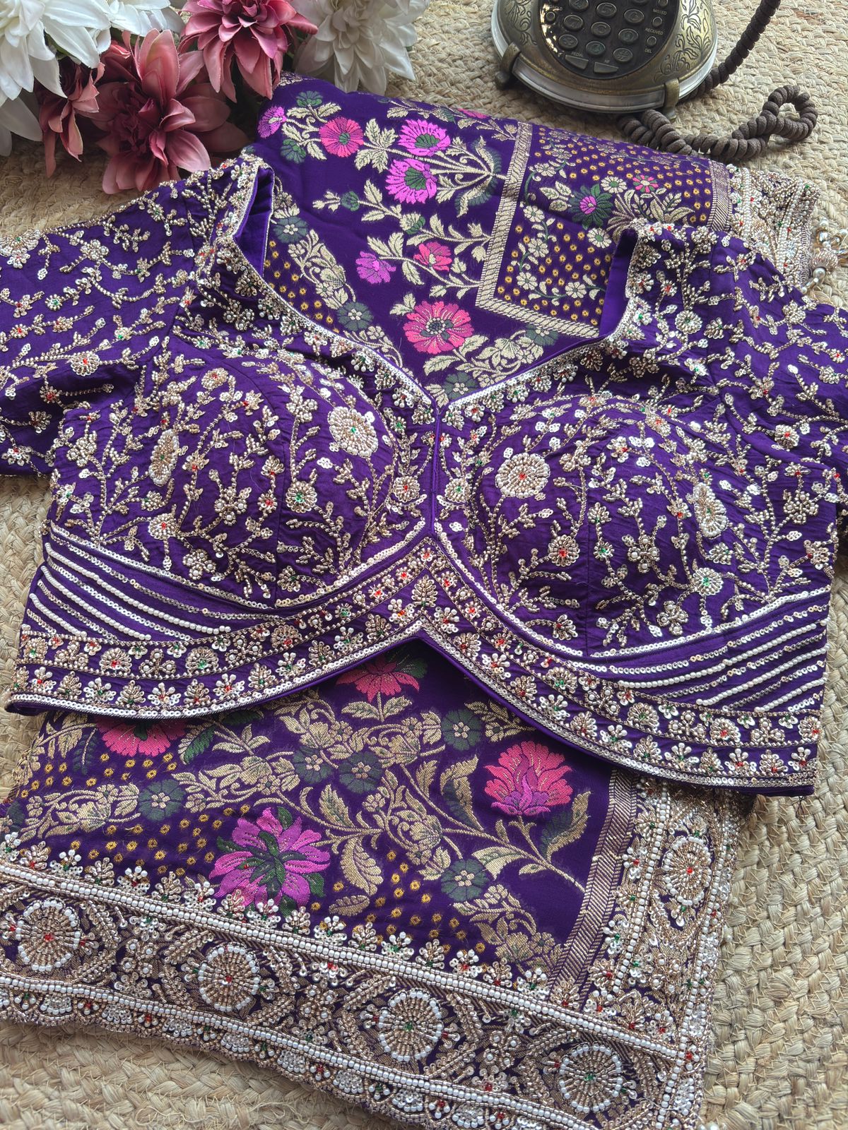 Saree with Multicolour Meenakari Floral Jaal Weave & Heavy Pearl Zardozi Border