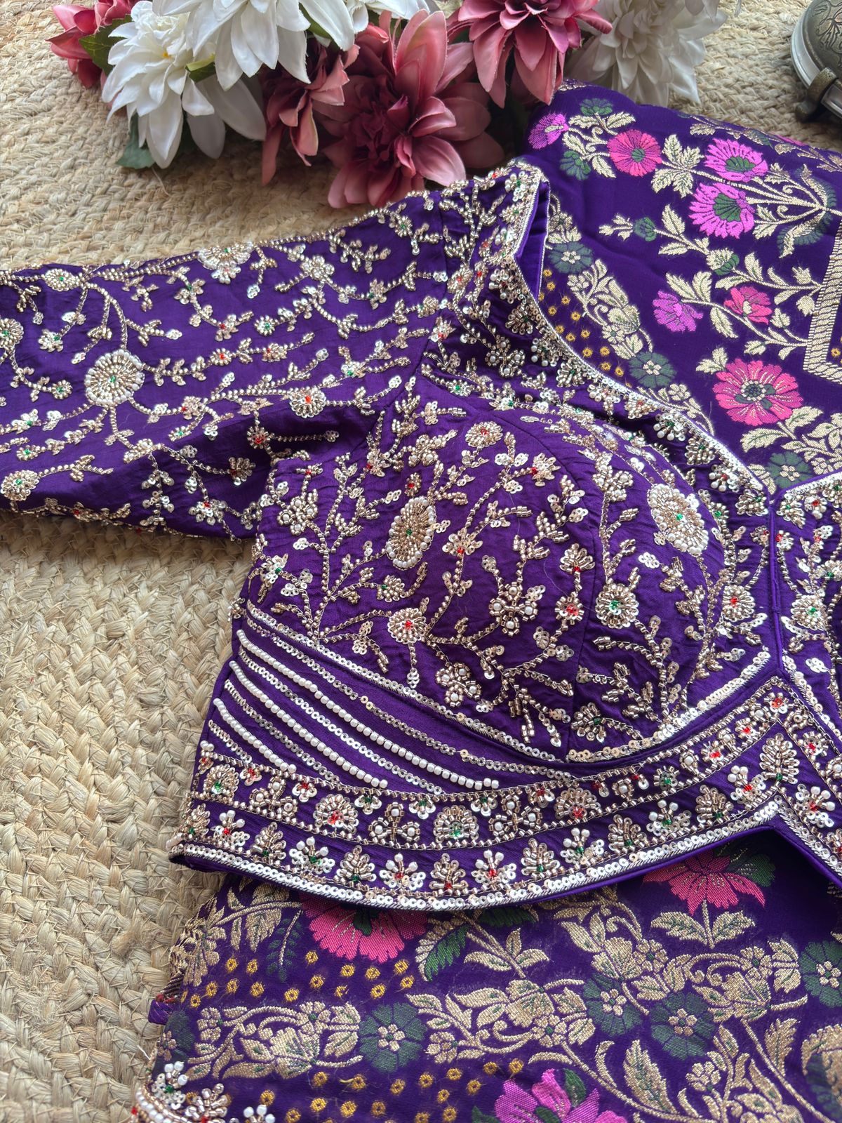 Saree with Multicolour Meenakari Floral Jaal Weave & Heavy Pearl Zardozi Border