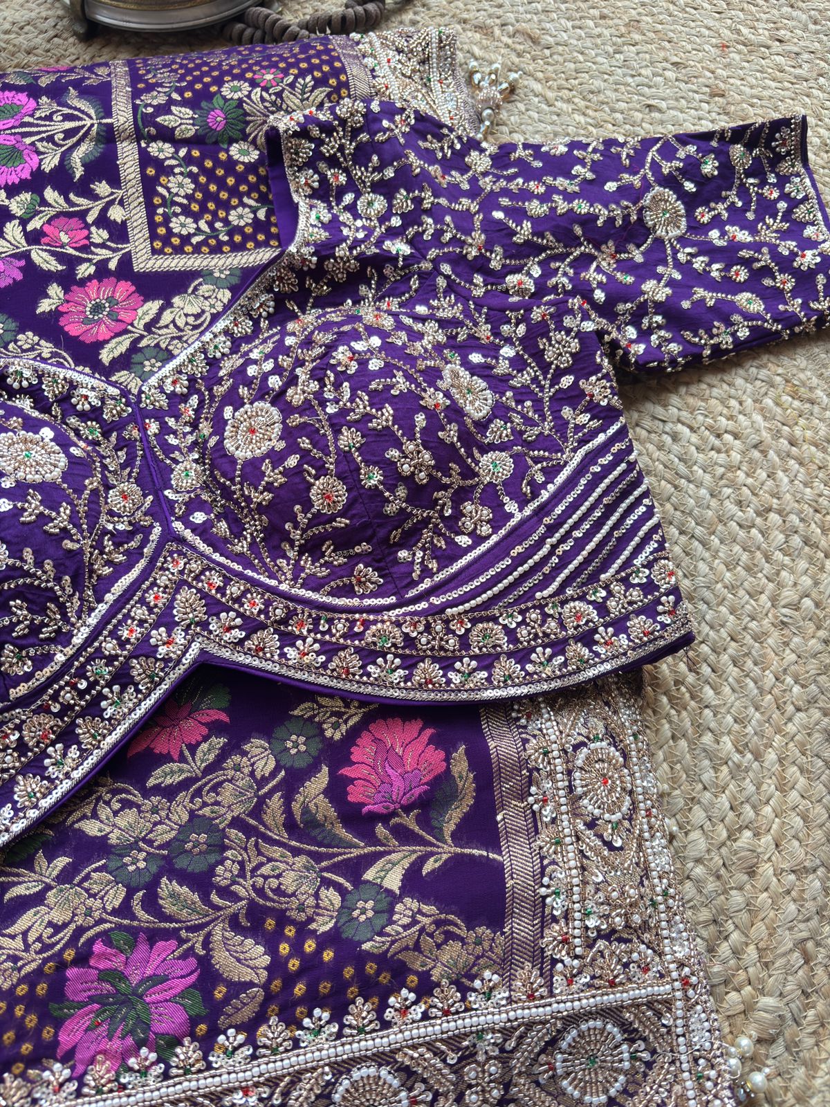 Saree with Multicolour Meenakari Floral Jaal Weave & Heavy Pearl Zardozi Border